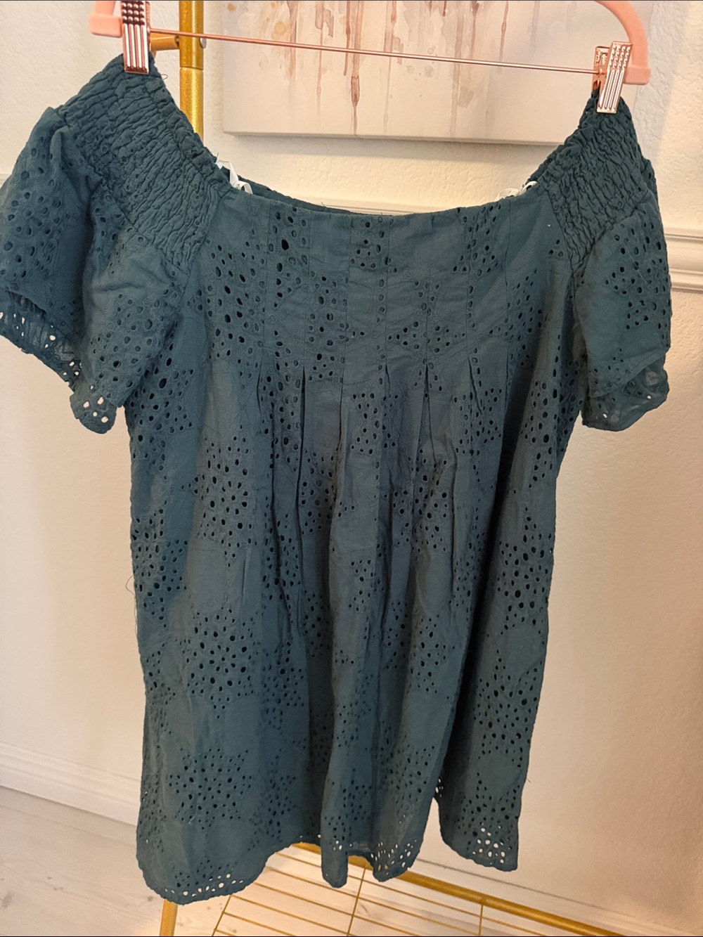 J.O.A. Teal Off-Shoulder Eyelet Mini Dress